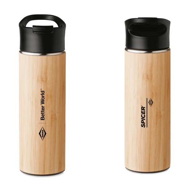 Double-walled insulated bottle made of stainless steel with a bamboo finish